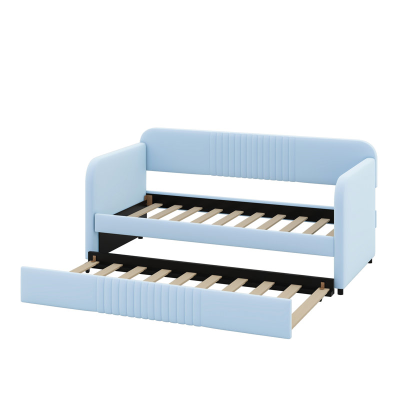 Upholstered Daybed Sofa Bed Twin Size With Trundle Bed And Wood Slat, Blue