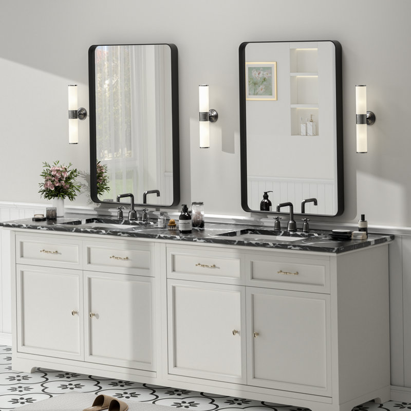 Molly Tempered Glass and Metal Framed French Cleat Mounted Wall Bathroom / Vanity Mirror, 36" x 24", Black, Rectangle 