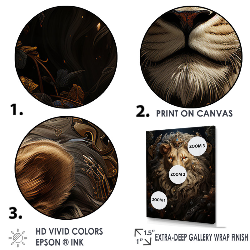 Lion, art mural sur toile, reproduction de portrait d'un animal sauvage Regal, Cadre simple noir, H 32 po x l 16 po x P 1 po