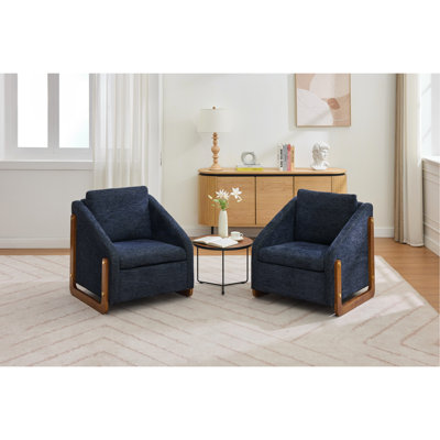 Fauteuil en chenille bleu avec rembourrage en mousse et fauteuil latéral en bois bleu, pour la décoration du salon