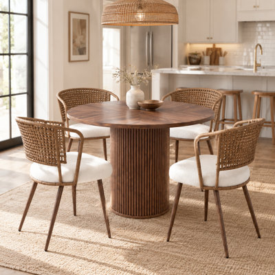 5‑Piece Round Walnut Fluted Pedestal Dining Set with Rattan Wing-Back Chairs