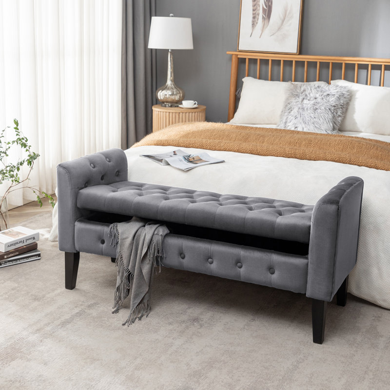Banc de rangement en velours avec pieds en bois d'hévéa Vendrina, Gris foncé