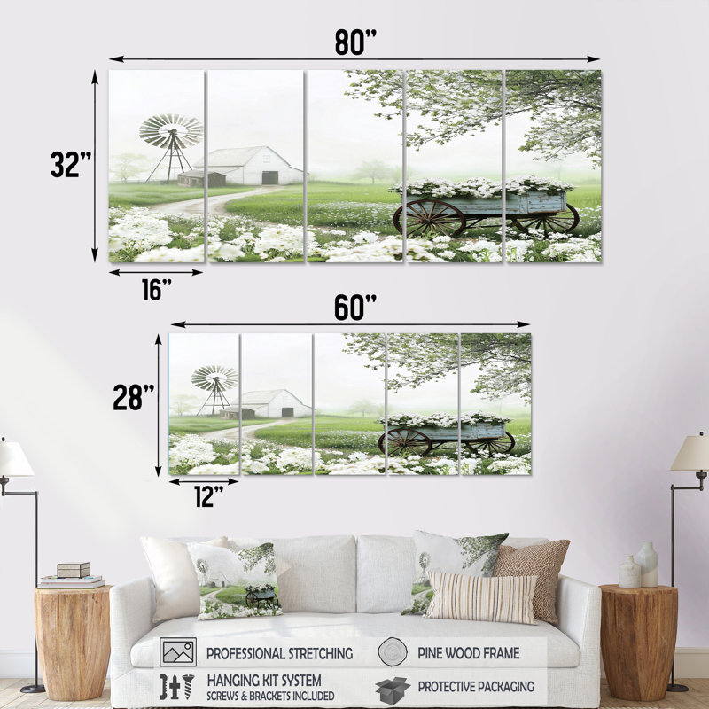 «Farm Landscape Flowers In White & Green Tones II», ensemble d'art mural de ferme, H 32 po x l 80 po