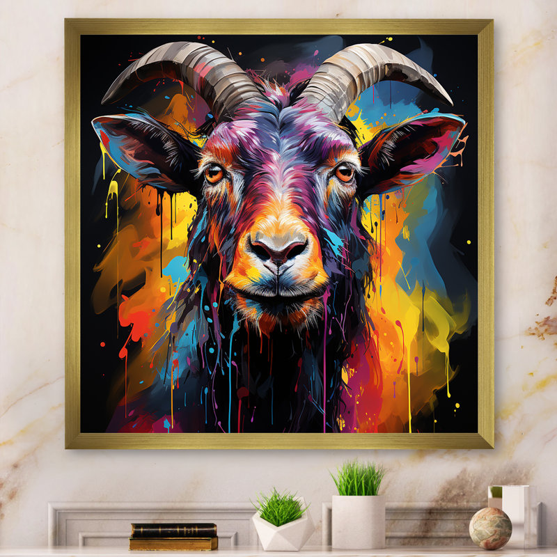 Popart, chèvre regardant fixement - Chèvre, art mural, Cadre doré simple, H 30 po x l 30 po x P 1,5 po
