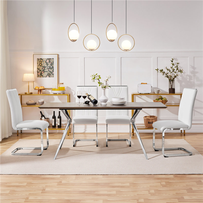 color Faux Leather Dining Chairs with Chrome Legs Upholstered Modern Design, White