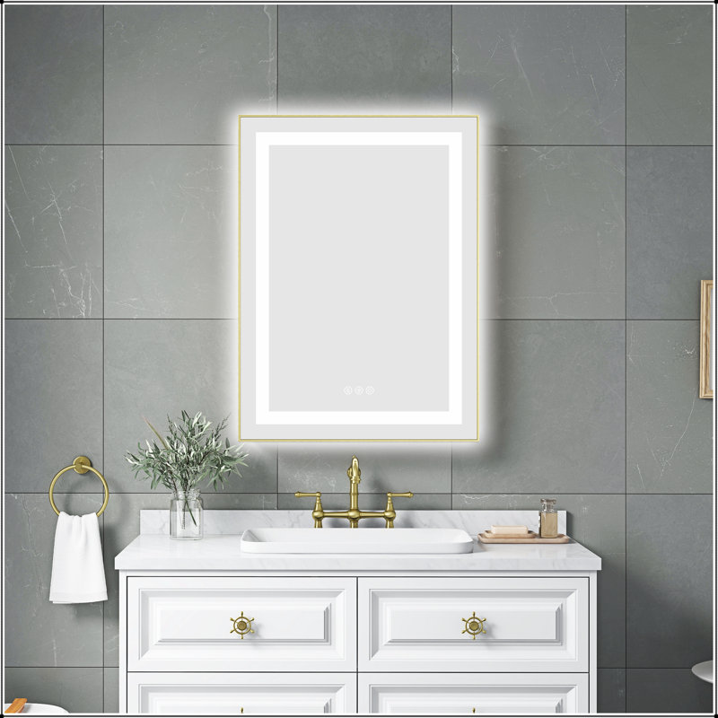 Miroir de salle de bain DEL, Doré, Verticale, 32 po x 24 po