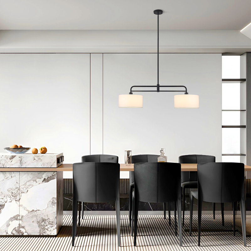 2 Light Dimmable Kitchen Island Linear Drum Chandelier, Matte Black