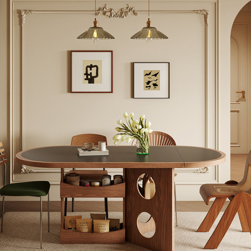 Table de salle à manger ovale brune en fritté avec compartiment de rangement latéral, H 29,53 po x l 62,99 po x P 31,5 po