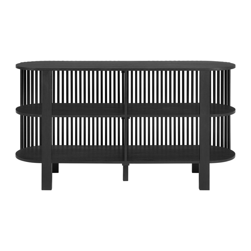 Estie Wood Slatted Sofa Console Table With Open Shelves, Black