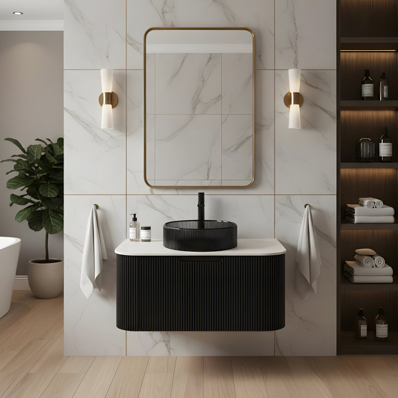 Meuble-lavabo mural flottant 30 po avec lavabo rond en verre noir transparent et tiroir, 30"