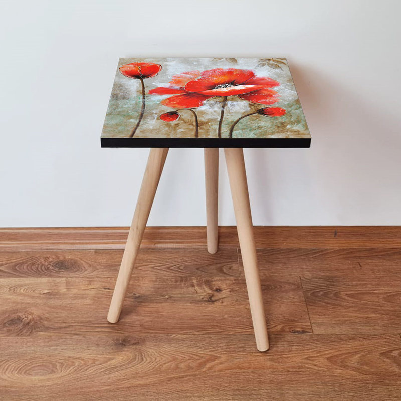 Stylish Side Table, 100% MDF with Beech Wood Legs, 13.8 x 16.5 x 13.8 inches | Elegant Red, Beige, White & Brown Colors | Impressionist Flower Design | Perfect for Living Room & Bedroom Décor