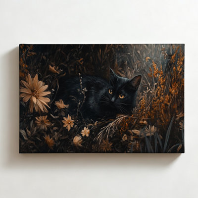 Chat noir parmi les fleurs, peinture à l'huile réaliste sur toile, décoration murale automnale vintage pour salon ou chambre, 50 x 75 cm (20 x 30 pouces).