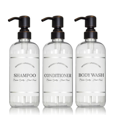 Shampooing, revitalisant et bouteilles de lavage du corps rechargeables - Bouteilles de shampooing en plastique pour animaux de compagnie rechargeables avec une pompe en bronze huilé - Étiquettes imperméables - 16 oz, paquet de 3