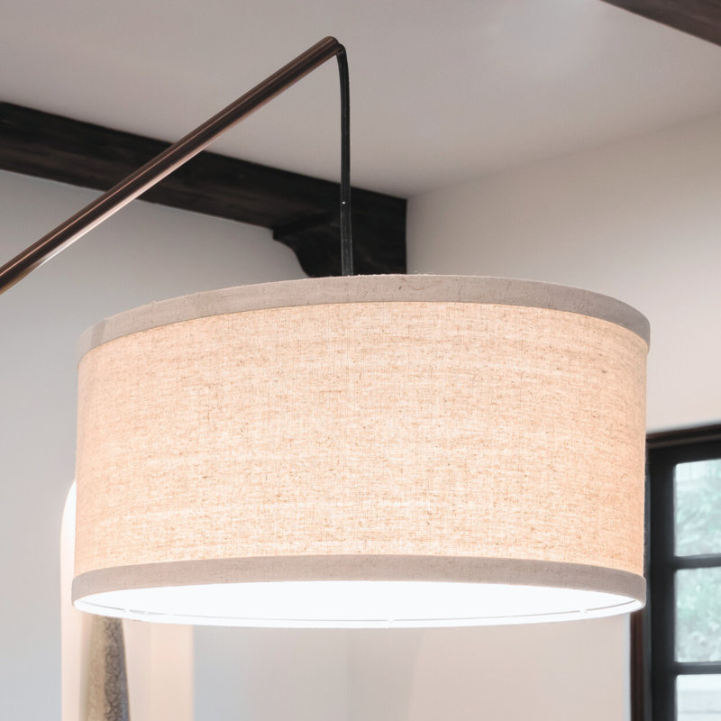 Hudson 70 in. Modern Height-Adjustable LED Tall Standing Floor Lamp with Beige Fabric Drum Shade, Bronze
