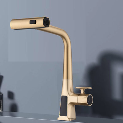 Brushed Gold Faucet With Pull Out And Waterfall Mode Kitchen Temperature Display Feature