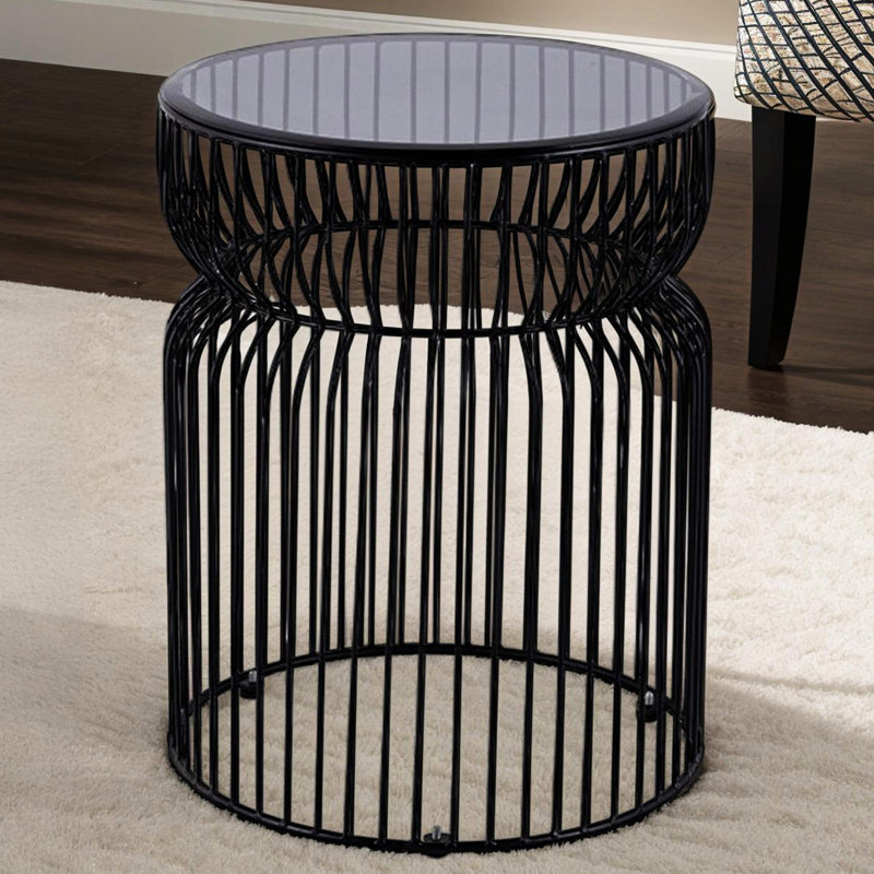 Table de bout ronde avec plateau en verre trempé teinté et base emboîtée en métal, hauteur de 21 po, finition dorée pour les espaces modernes