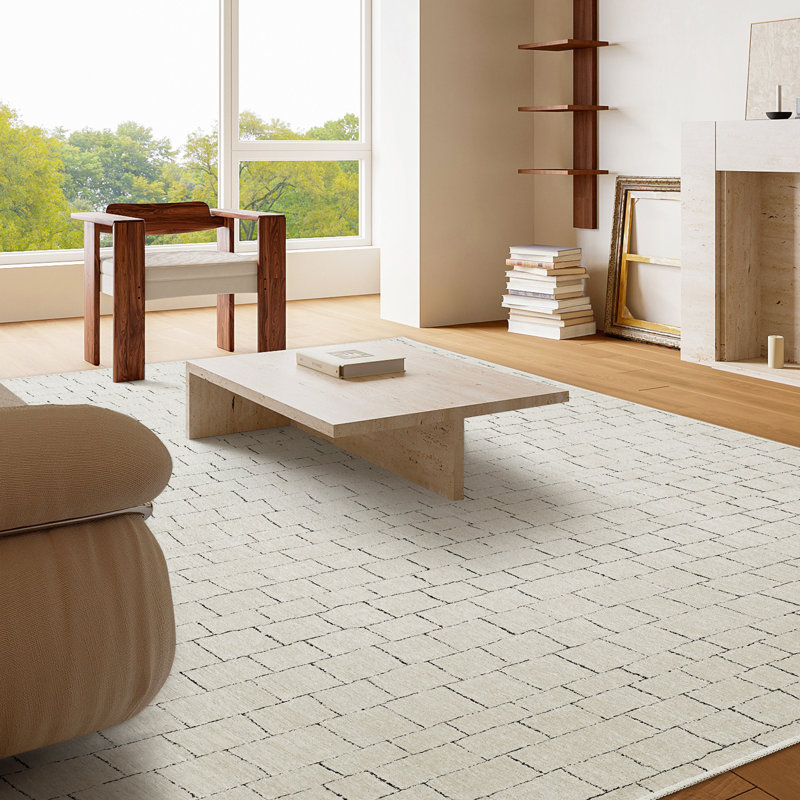 Patterned Geometric Chenille Machine Washable Area Rug, Rectangle 4'11" x 7'12", White