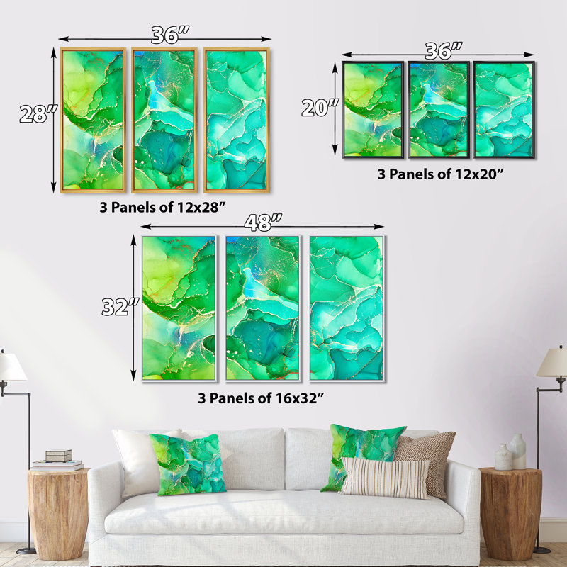 Art liquide vert et bleu - impression sur toile flottante 3 pièces, Cadre noir, H 28 po x l 36 po x P 1 po