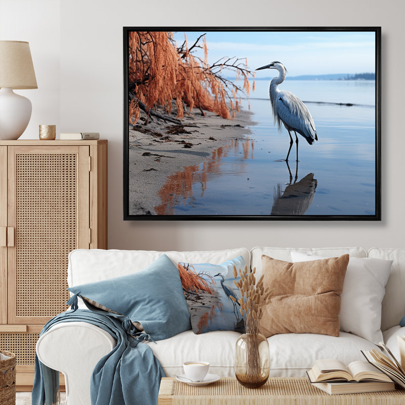 Heron Morning Stroll, reproduction d'art sur toile, Cadre flottant noir, H 16 po x l 32 po x P 1 po