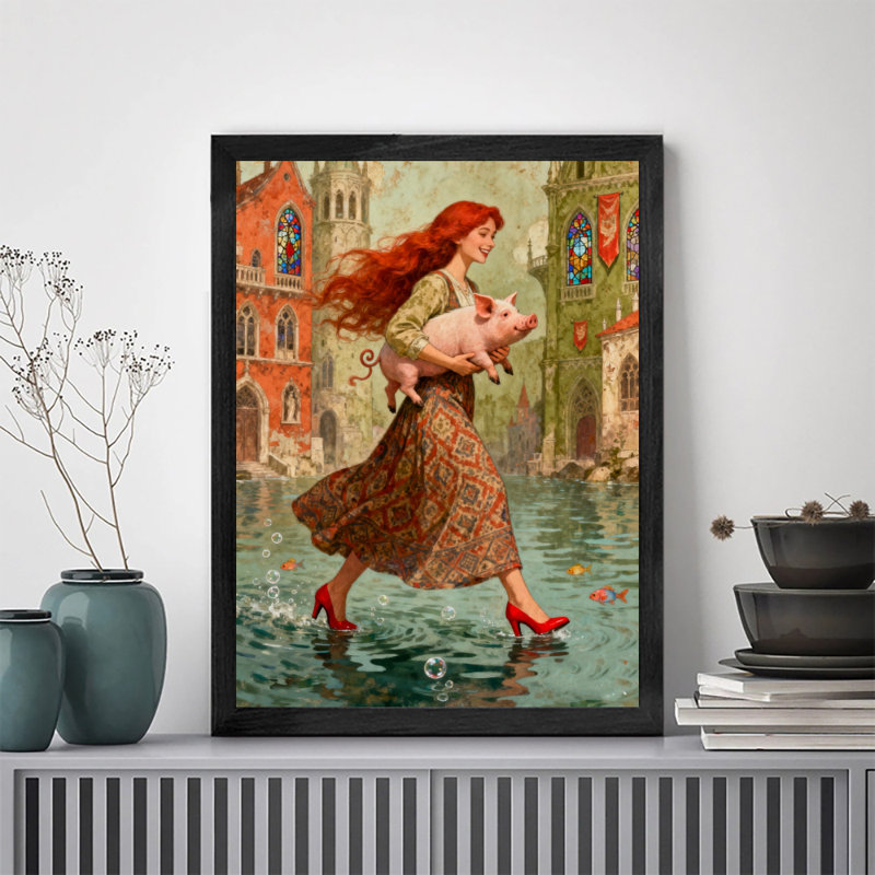 Reproduction d'art encadrée noire rétro sur un cochon, H 11 po x l 9 po