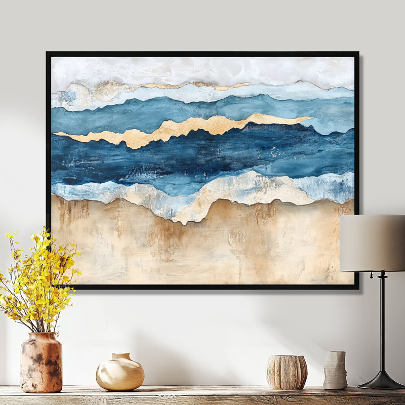 Abstrait art mural côtier, toile de sable bleu, Tomsich, H 12 po x l 20 po, Cadre flottant noir