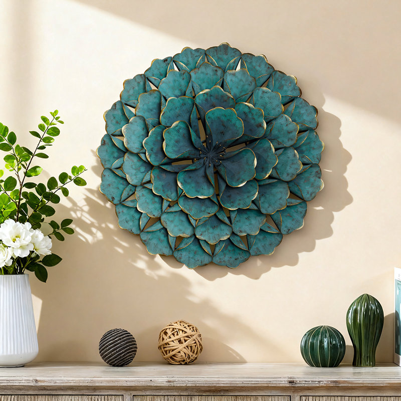 Retro Handmade Floral & Botanic Wall Decor on Metal, 23.6" Distressed Green Round Wall Accent for Bedroom, Living Room, Entryway