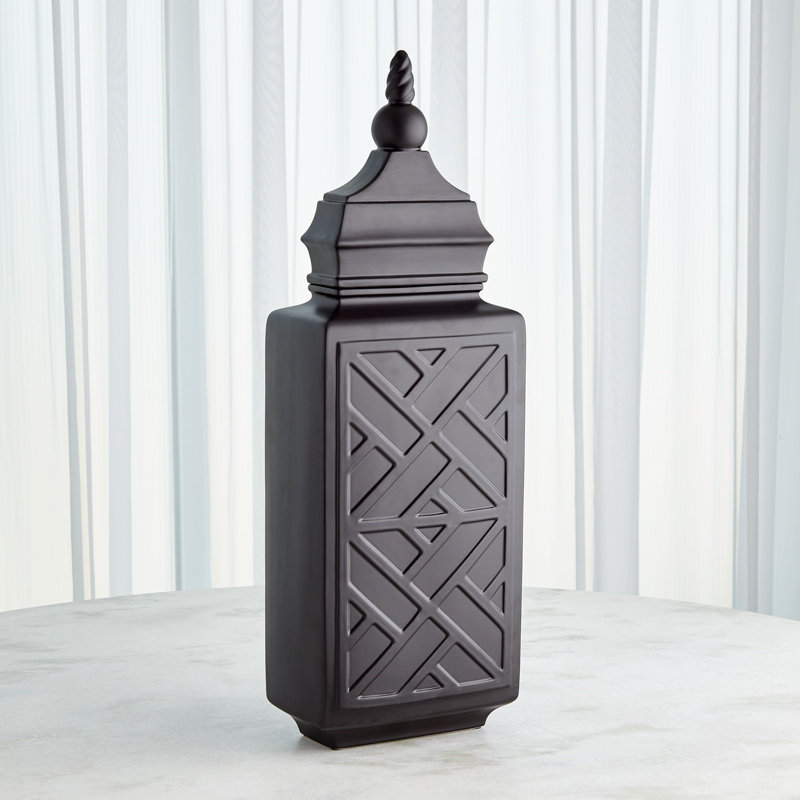 Chinoiserie Handmade Ceramic Jar, Matte Black, 30" H x 10.5" W x 6" D