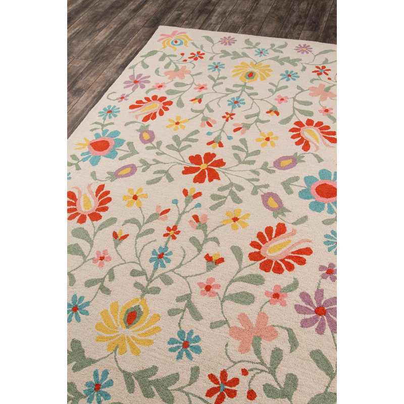 Kambree Hand Tufted Wool Floral Area Rug in Beige, Rectangle 8' x 10'