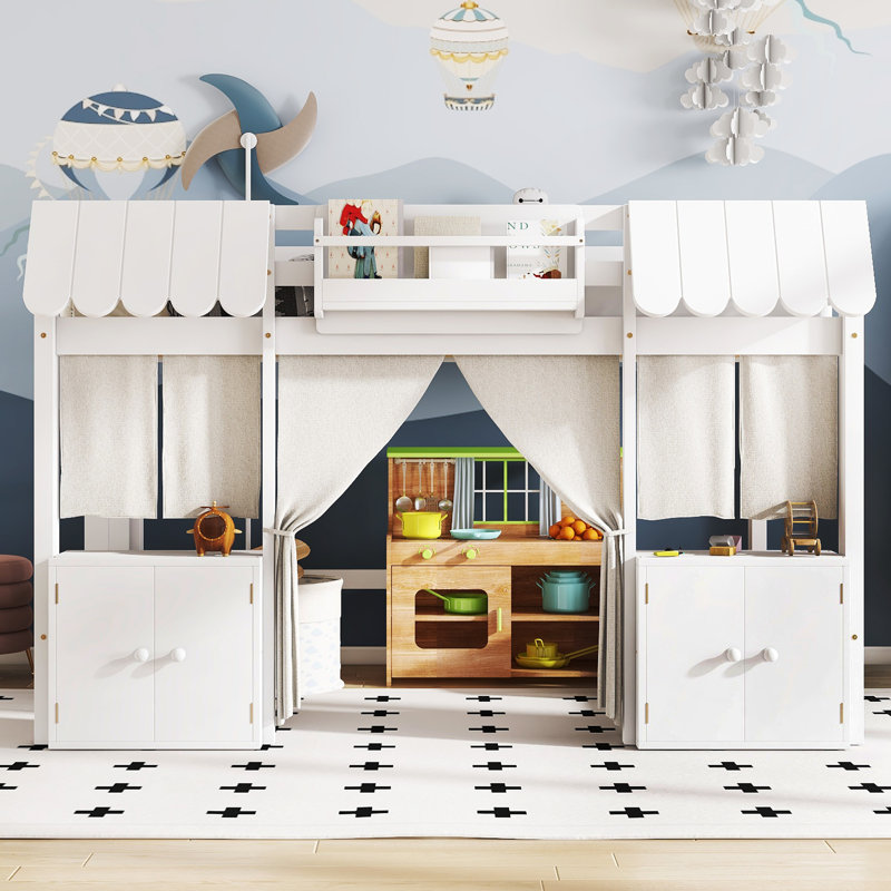 Full Loft Kids Bed with Bookshelf, Storage Shelf, Curtain & Safety Guardrails – Playful Amusement Park Design, White, White