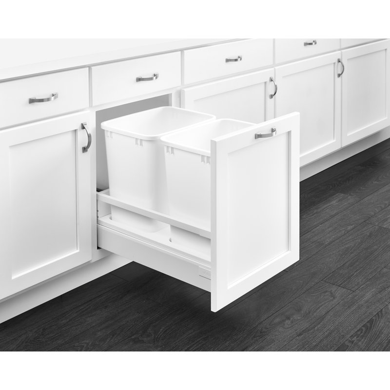 Double White 35 qt. Tandem Pullout Wood Bottom Mount Waste Container w/ Soft-Close for 21" Base Cabinets, 8.75