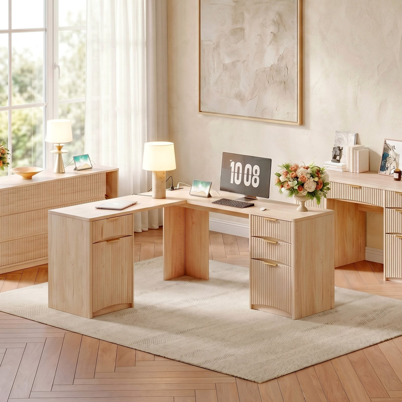 Bureau en L 63 po cannelé avec tiroirs, bureau d'ordinateur d'angle avec rangement, bureau de direction moderne avec classeur et station de charge, chêne naturel