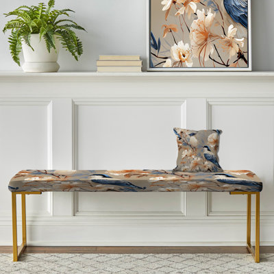 Beige et bleu oiseau fleuri - banc rembourré floral doré