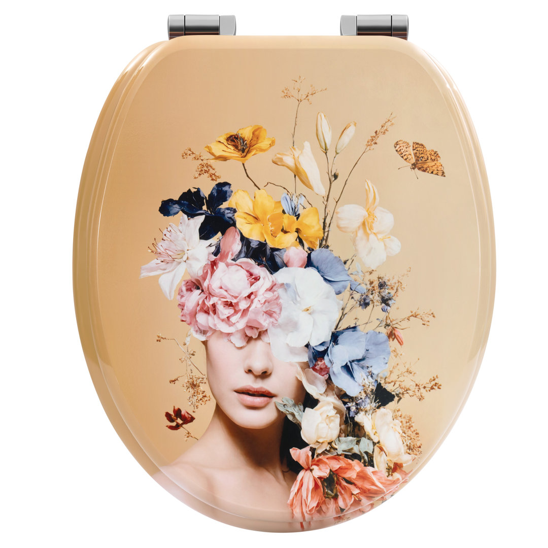 Toilet Seat With Soft-Close Mechanism, Wood, Toilet Seat, O-Shape With Hinges, Quick Release Function For Easy Cleaning, Flower Goddess Motif