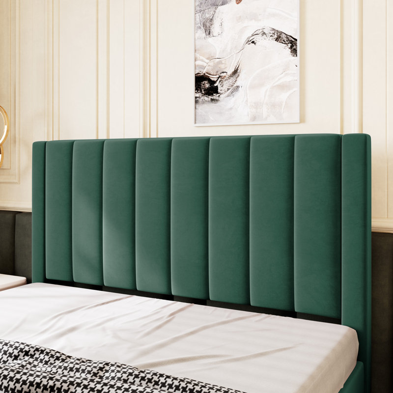Lit plateforme tapissier Ozella - Aucun sommier requis, assemblage facile, Lit double, Vert