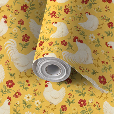Peel and Stick Wallpaper Contact Paper White Chickens Red Floral Self Adhesive and Removable 24in x 118in(60x300cm)