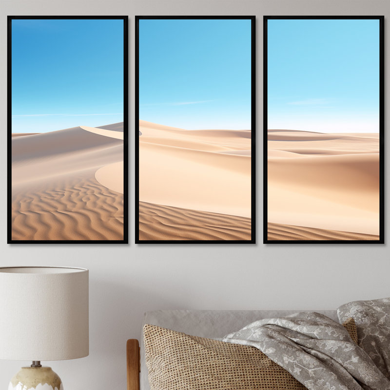 Ciel bleu sur les dunes du désert - ensemble de décorations murales désert, Cadre flottant noir, H 40 po x l 60 po x P 1 po