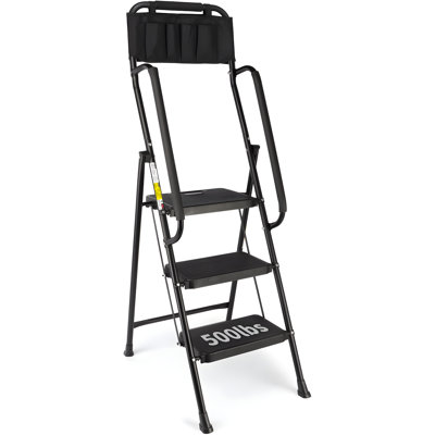 Échelle robuste à 3 marches avec mains courantes et sac à outils, capacité de 500 lb, escabeau pliant, léger et compact pour la maison, la cuisine, le bureau, échelle de sécurité multi-usage