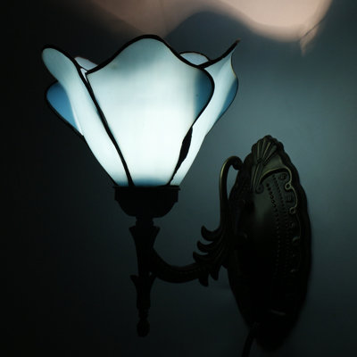 Tiffany Wall Sconce Lamp Blue Stained Glass Flower Style 8X10.5X11 Inch Plug in Wall Bedside Light for Hallway Bedroom (Blue Flower Style)