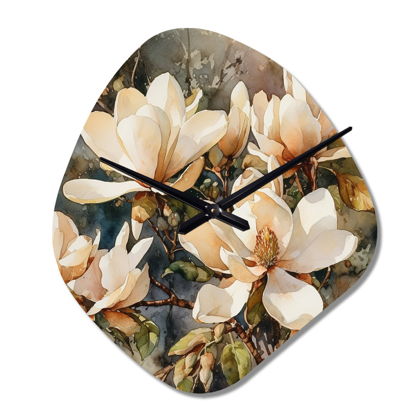 Noakes crème Magnolia Symphony - Magnolias forme unique horloge murale en métal, forme traditionnelle traditionnelle, Petit