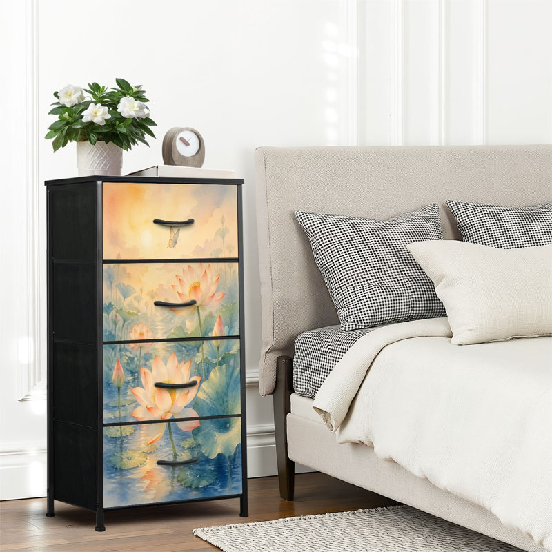 Commode 4 tiroirs pour chambre à coucher, commode étroite, plateau en bois et structure en fer 18 po x 37,5 po (l x H) - avec étang de lotus serein, feuilles bleues douces, impression de fleurs éclatantes