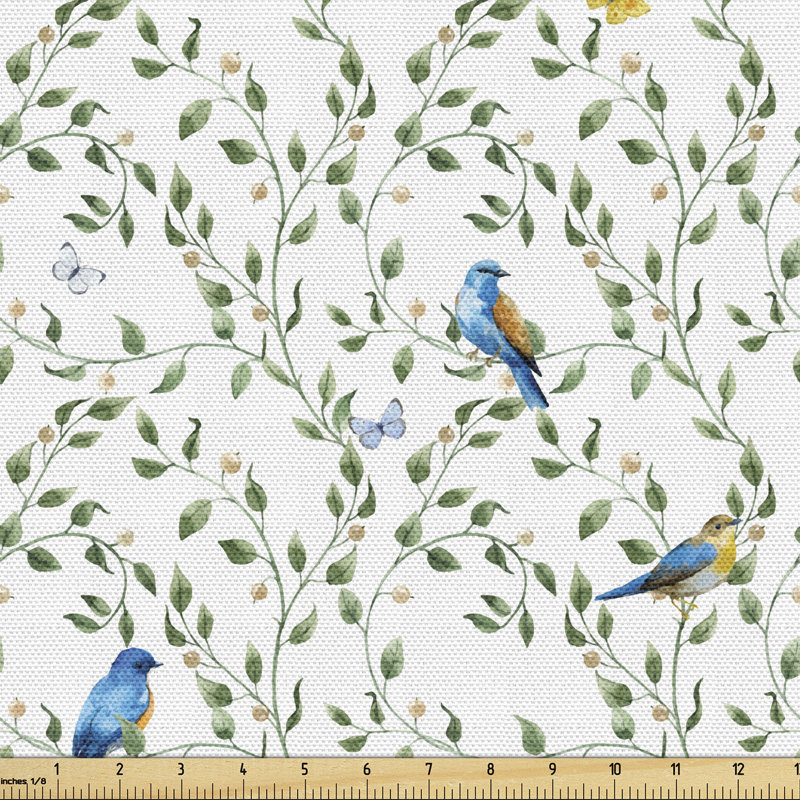 Nickens Winged Animal and Butterflies on Thin Leafy Branches Fabric