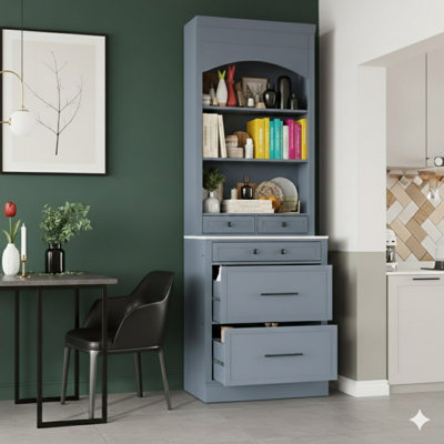 Armoire de cuisine contemporaine de 83,7 pouces de hauteur, grande huche de cuisine autonome avec comptoir en faux marbre, armoire de présentation avec cinq tiroirs de rangement et une tablette modifiables, en gris