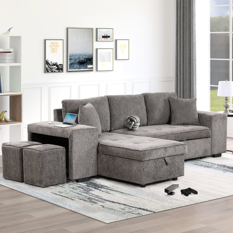 Canapé modulaire en L réversible de 104,5 po avec canapé-lit, chaise de rangement et 2 tabourets, fonction de canapé-lit gris anthracite
