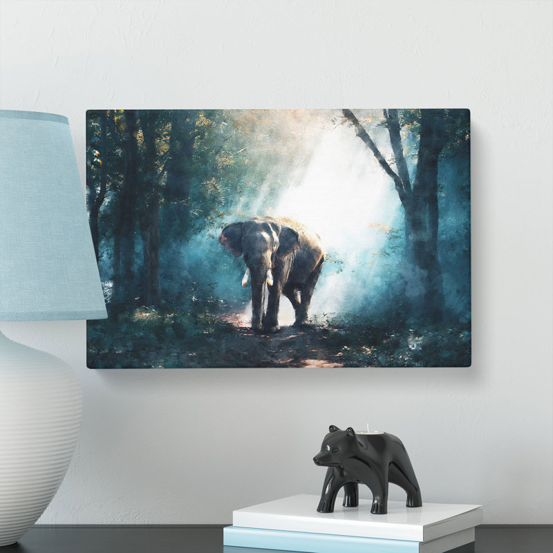 Elephant Roaming In A Green Forest Painting - Wrapped Canvas, 35cm H x 50cm W x 3cm D