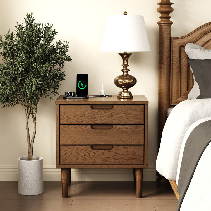 3 Drawers Solid Wood Nightstand With Storage, 2 Power Outlets, 1 Usb Port, And 1 Type C Port, Brown