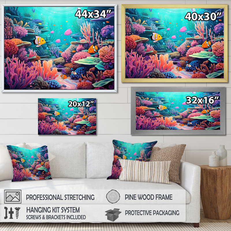 Kawaii Clownfish Coral Lansdscape I - poisson, art mural sur toile, Cadre photo doré simple, H 16 po x l 32 po x P 1 po