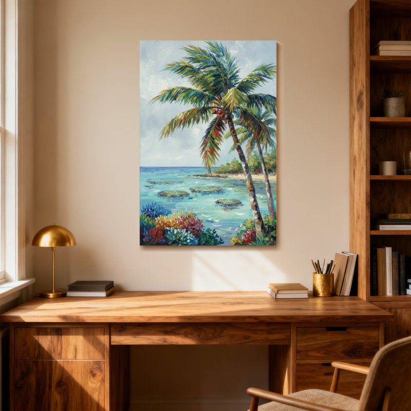 Plantes et fleurs, plage tropicale, palmiers, vue sur l'océan, H 24 po x l 36 po