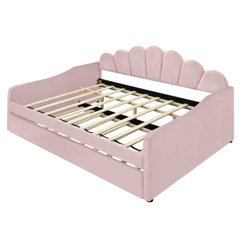 Full Size Upholstery Daybed Frame with Shall Shaped Backrest and Trundle, Pink