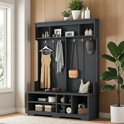 Hall Tree With Bench And Shoe Storage, 4-In-1 Mudroom Storage Organizer With Coat Rack, 6 Hooks, Open Storage Shelf by Lark Manor