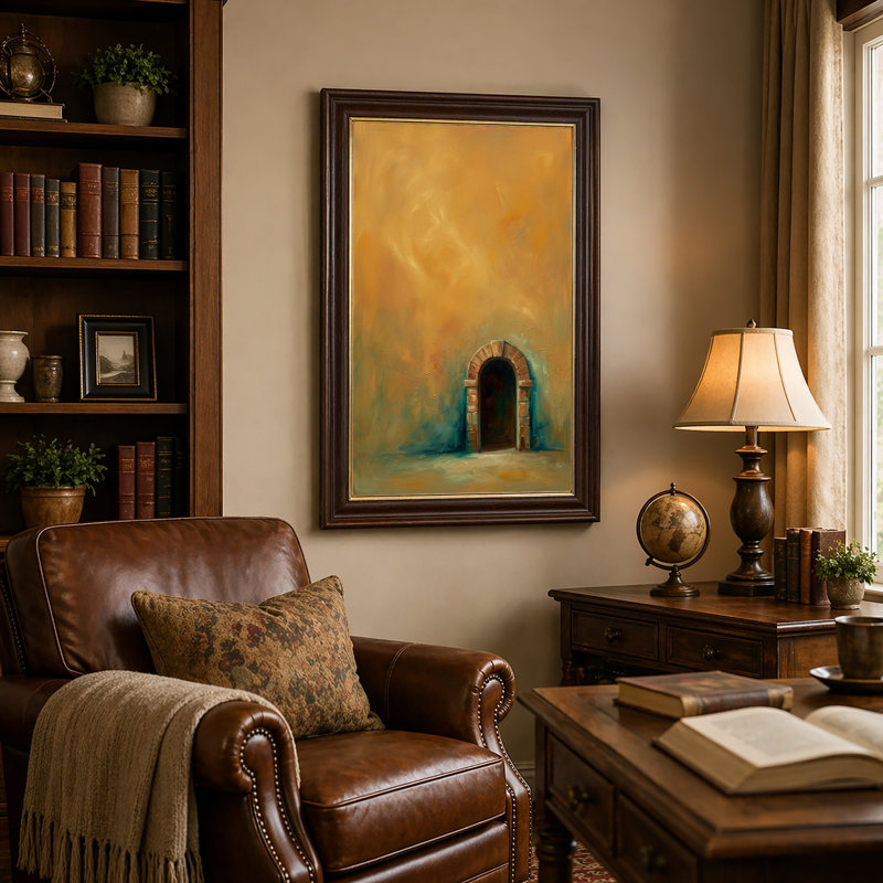 «Brick Archway» sur toile texturée jaune et bleu sarcelle, art mural, 24"H x 16"W